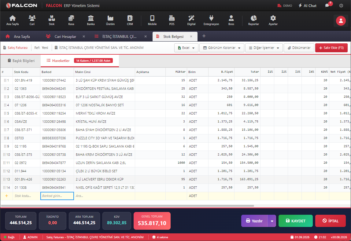 Falcon Cloud ERP — Satış faturası