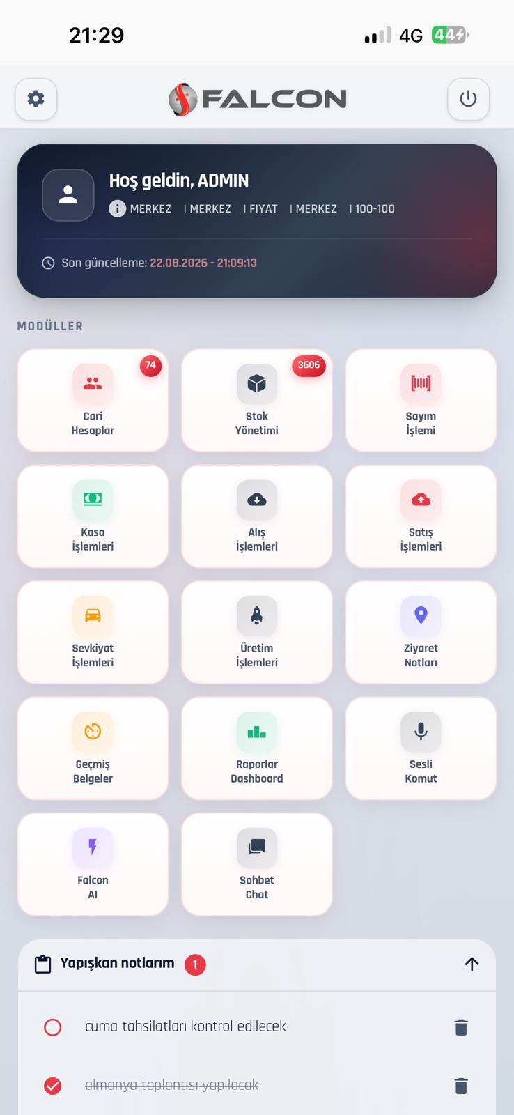 Falcon Mobile — Ana menü
